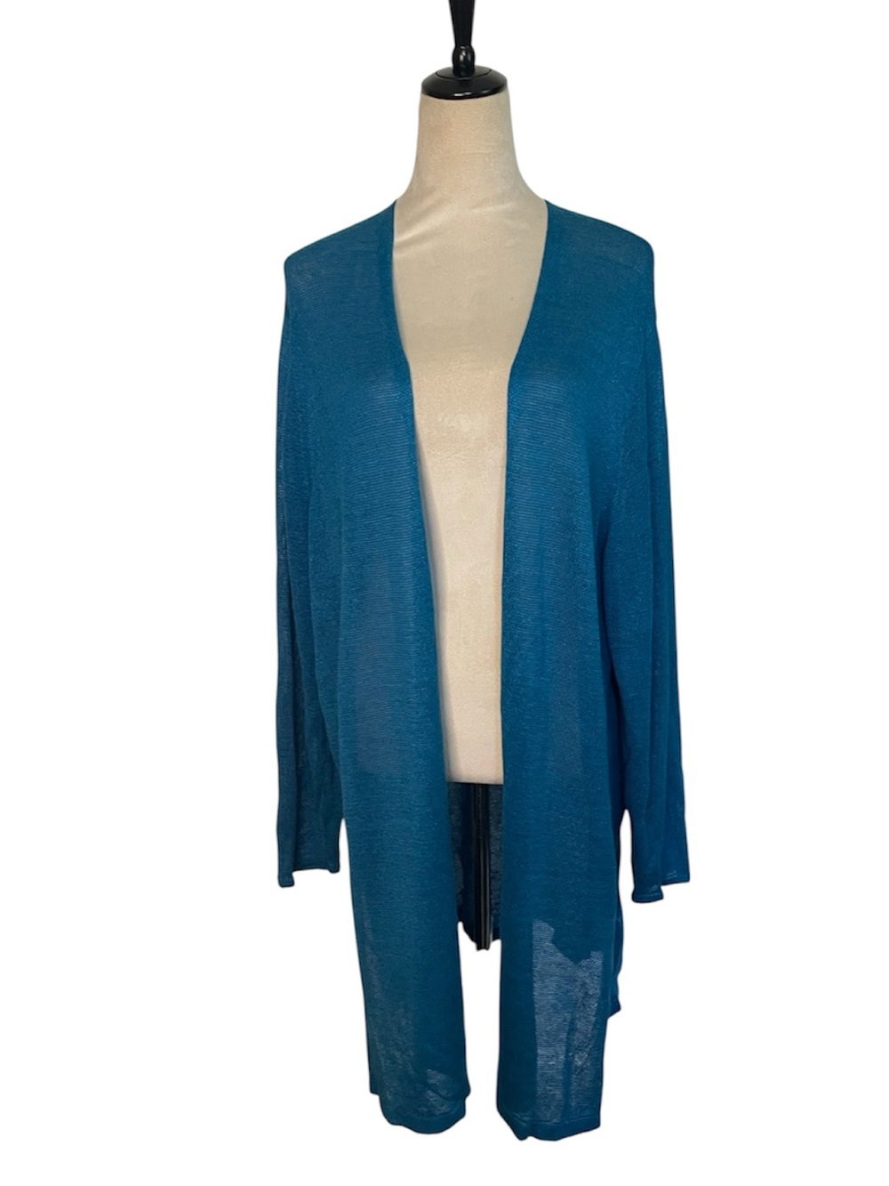 J. Jill Linen Blend Long Cardigan Sweater in a vibrant teal blue